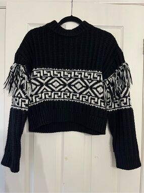 Black and White Fringe Geometric Crewneck Sweater